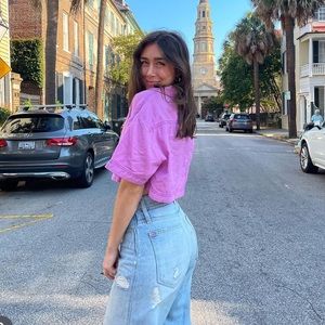 Pink Free People Crop Top Collared Tee